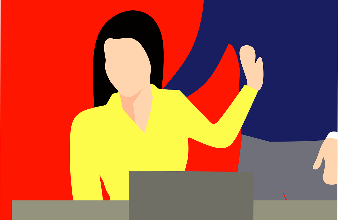 woman pushing away male coworker